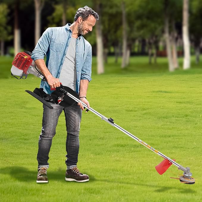 YIYIBYUS 26CC Weed Wacker Eater Gas Powered, 2-Cycle 5.74FT String Trimmer/Edger with Two Blade Heads, Lawn Mower Hedge Trimmer with Rubber Handle & Shoulder Strap