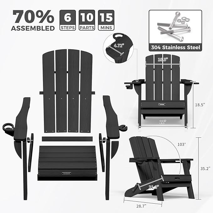 Folding Adirondack Chair with Wood Texture, HDPE All-Weather Fire Pit Chairs, Plastic Adirondack Chairs with 2 Cup Holder, Outdoor Lawn Chair for Patio Garden (Black)