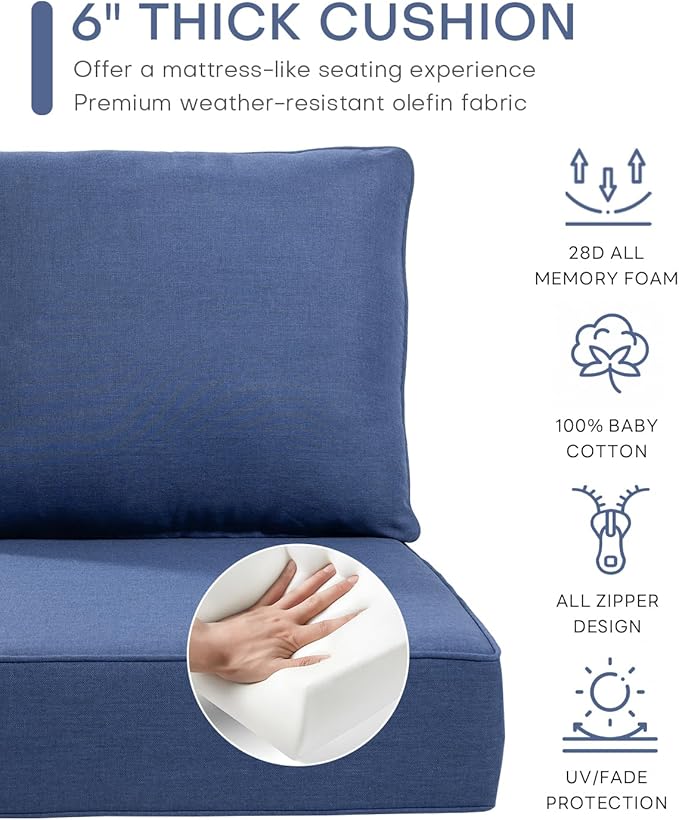 Luxury 24x24x6 Inch Outdoor Deep Seat Cushions Set of 6 - Comfortable Patio Zipper Chair Cushion for Outside Wicker Dining Rocking Swivel Chairs Loveseat Couch Sectional Sofa - Navy Blue
