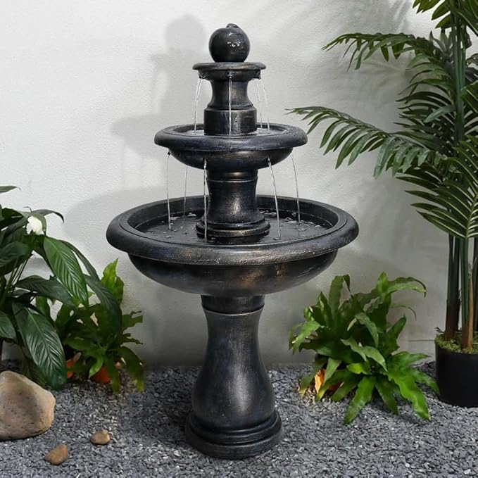45.2” H Outdoor Floor Water Fountain, 3-Tiers Concrete Water Fountain with Submersible Electric Pump - Garden Cascading Waterfall for Yard Patio Lawn Home Decor