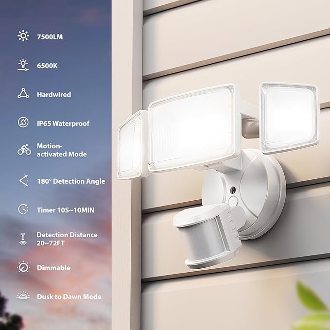 Onforu 75W LED Motion Sensor Outdoor Lights, Dusk to Dawn Flood Light Outdoor Motion Sensor, Hardwired Security Lights Floodlights Outside 7500LM 6500K Daylight IP65 Waterproof (White)