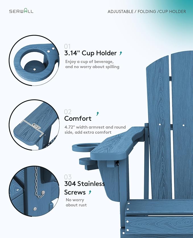 SERWALL Folding Adirondack Chair, Adirondack Outdoor Chair with Cup Holder, Adjustable Adirondack Chair with 3 Recline Positions, All Weather HDPE Outdoor Adirondack, Blue