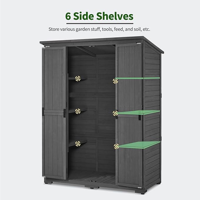 Macrout Large Outdoor Storage Cabinet with 6 Shelves (4.8 x 2.2 x 6.5 ft), Outside Storage Shed with Lock, Wooden Garden Shed for Yard Patio Lawn, 1738 (Gray)