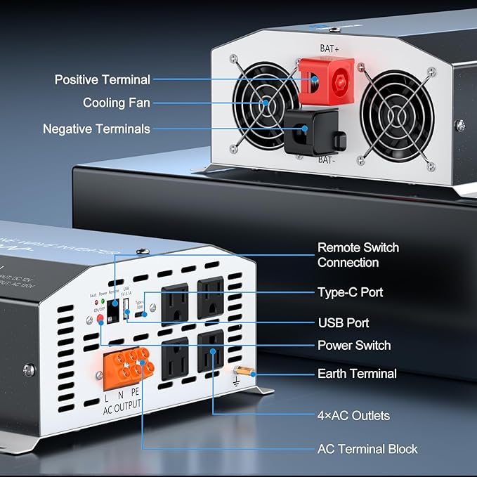 2000 Watt Pure Sine Wave Inverter 12v DC to 110v 120v AC Converter,4000W Peak Power Inverter with 4 AC Outlets,USB Port,Type-C,Remote Control LCD Display for Truck, RV, Vehicles, Solar Off-Grid