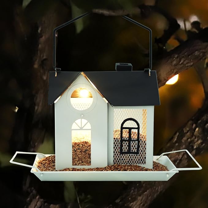 Solar Bird Feeder for Outdoors – White Metal Hanging Bird Feeder with Solar Light, Decorative Bird House Feeder for Cardinals, Finches, and Wild Birds, Weatherproof Backyard Garden Decor