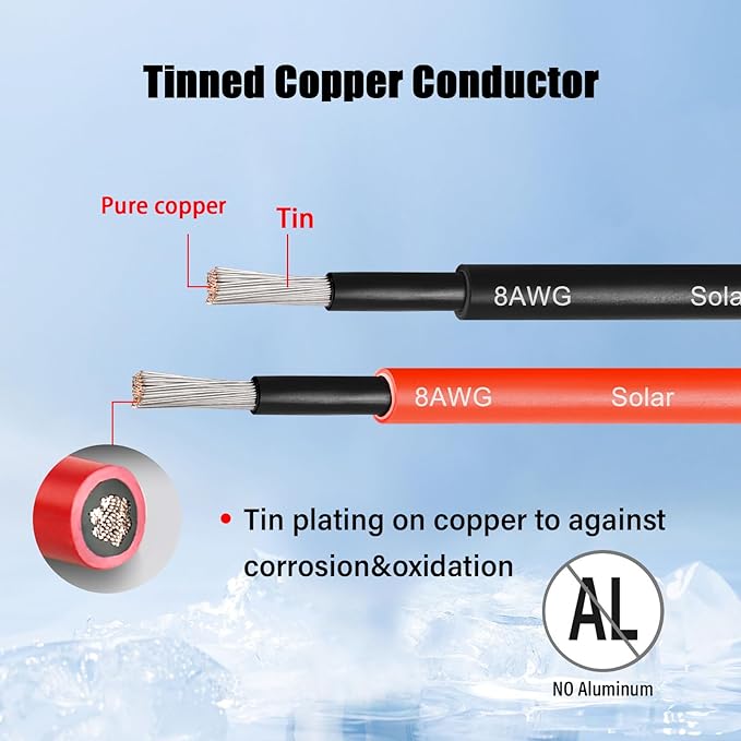 8 AWG Solar Cable 200FT Red + 200FT Black Tinned Copper Wire, 8 Gauge Solar Panel Wire for RV, Automotive, Trailer, Marine, Outdoors