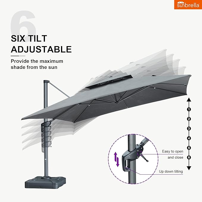 PURPLE LEAF Cantilever Umbrella with Base Included 12FT Heavy Duty Large Double Top Offset Hanging 360° Rotation Square Umbrella for Garden Patio Deck Pool Backyard Cast Slate