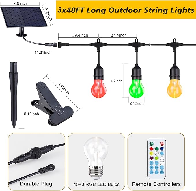 Auroraworld 144FT Solar RGB String Lights Outdoor, Dimmable Waterproof LED Patio Lights with Remote, 45 Shatterproof Edison Bulbs for Garden Cafe Party Decor