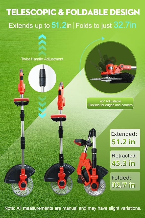 Cordless Weed Wacker, 12-Inch Electric Weed Wacker, Brushless Grass Trimmer with Wheels, 2×4.0Ah Batteries, Lightweight Electric Weed Eater with Telescoping Shaft for Lawn, Yard, Garden, Red