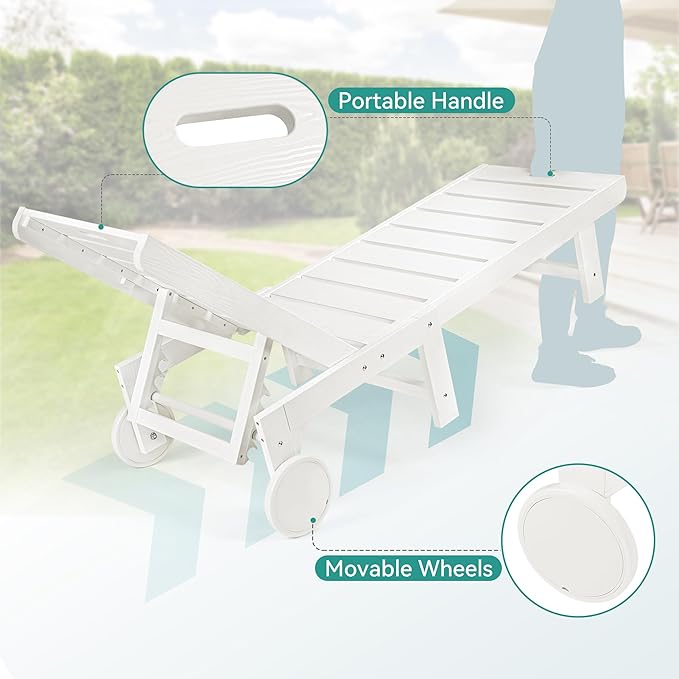Outdoor Chaise Lounge Chairs with Table, 6-Piece, 26.8” Super Wide Lounge Chair Outdoor, HDPS Pool Chairs with 5 Positions, Patio Lounge Chair with Wheels for Pool,Lawn,Backyard, White