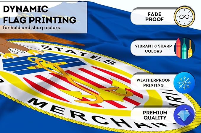 AGAS Large United States Merchant Marines Flag 4x6 Ft - Printed 200D Nylon Canvas Header Two Brass Grommets Big USA Merchant Marines Flag