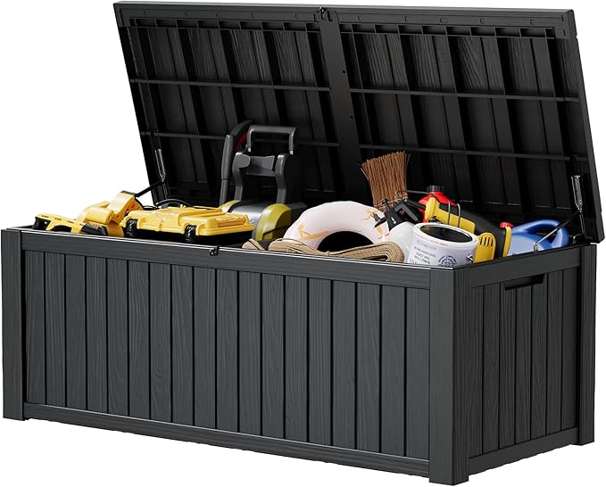NUNU LAB 180 Gallon Outdoor Storage Box, Large Resin Deck Box with Double Wall Panels, Waterproof Patio Storage Bin for Garden Tools, Pool Accessories, Package Deliveries & Outdoor Gear