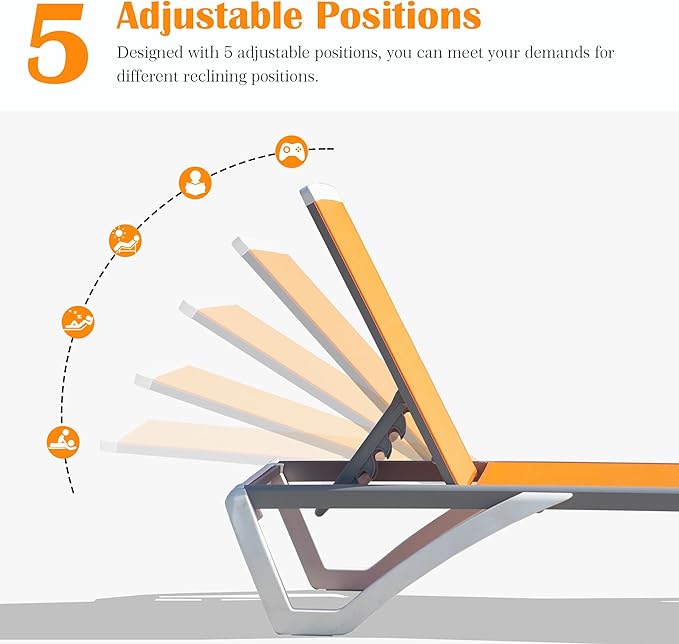 Domi Outdoor Lounge Chair, Aluminum Patio Chaise Lounge with 5 Position Adjustable Backrest and Wheels, All Weather Reclining Chair for Patio, Yard, Balcony, Poolside (Orange)