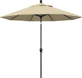 California Umbrella 9' Round Aluminum Market Umbrella, Crank Lift, Push Button Tilt, Black Pole, Sunbrella Antique Beige