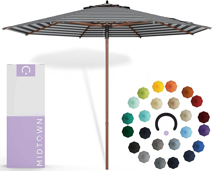 Midtown Umbrellas The Wooden 9 Feet Patio Umbrella With Sunbrella Black & White Acrylic Fabric - Aluminum Frame Market Umbrella For Backyard, Deck, Garden, Pool - Wooden Pole