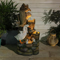 4-Tiers Cascading Outdoor Water Fountain, 31.9'' Tall Duck & Wooden Bucket Stump Waterfall Garden Fountains with LED Lights & Pump Water Feature Resin for Patio, Deck, Yard, Home Decor