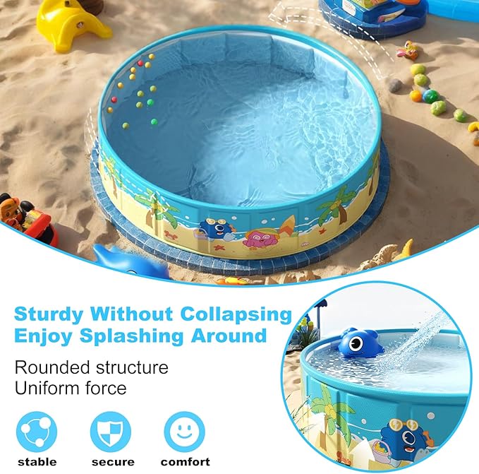 Foldable Swimming Pool for Kids 63"x18" Hard Plastic Portable Dog Pool Anti-Slip Collapsible Pets Bathtub Kiddie Pool Indoor Outdoor Backyard (JellieMons 63'')