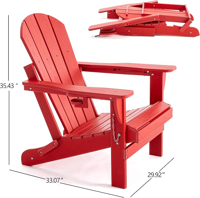 Folding Adirondack Chair, HDPE Outdoor Texture Lawn Chair with Reclining Back, Cup and Phone Holder - Comfortable Firepit Chair Weather Resistant for Patio or Backyard (Red, Set of 2)