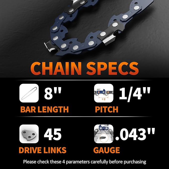 3Pcs 8 Inch Mini Chainsaw Chain, 8 Inch 1/4" LP Pitch .043" Gauge 45 Drive Links, Replacement Chains for Portable Mini Chainsaw, Guide Saw Chain for Chainsaws (8"-45DL-1/4"LP .043"-3pcs)
