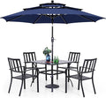 PHI VILLA 5 Piece Outdoor Dining Set with 10ft Umbrella, 37" Square Metal Dining Table & 4 Stacking Metal Chair with 3 Tier Navy Umbrella for Patio, Deck, Yard, Porch