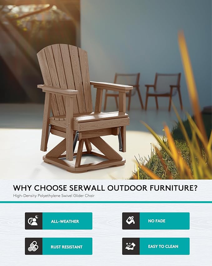 SERWALL Adirondack Swivel Glider Chair, HDPE Swivel Glider Set of 4 for Outdoor, All-Weather Glider Chair for Porch, Balcony, Wood Brown