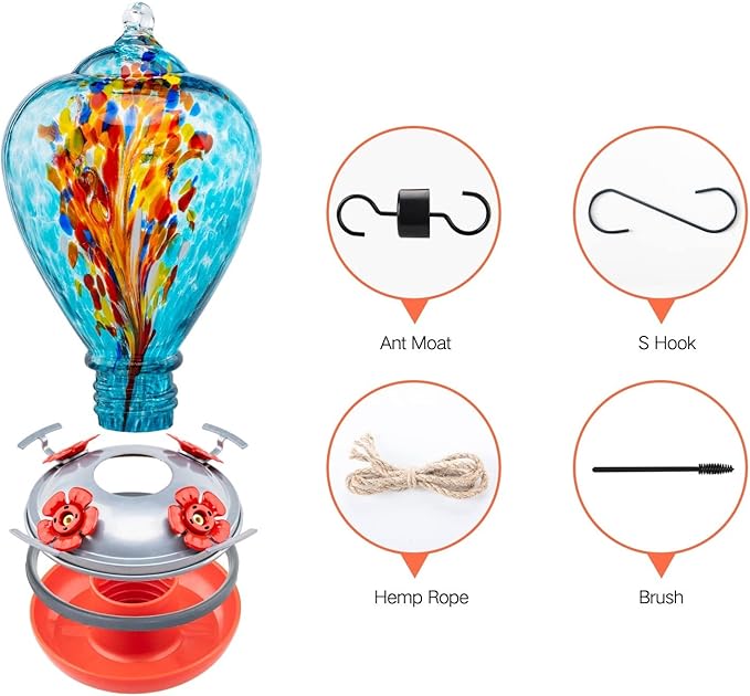 Muse Garden Hummingbird Feeders for Outdoors Hanging, Blown Glass Hummingbird Feeder Gifts for Women, Garden Decor Backyard Decor, Unique Gardening Gifts for Older Women, 34OZ, Comet