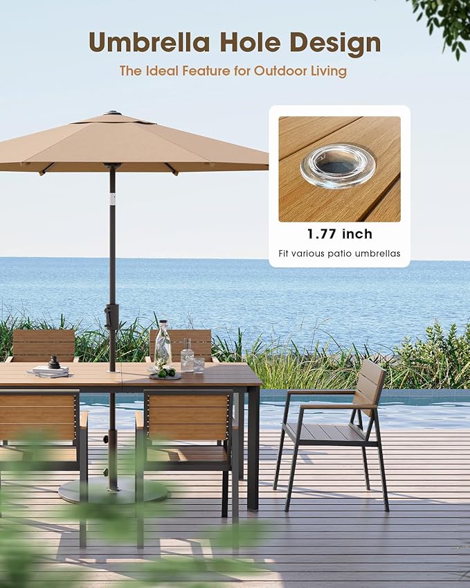Patio Outdoor Dining Set for 6, Aluminum 7 Piece HDPE Outdoor Table and Chairs Set with Umbrella Hole, Modren Rectangular Patio Furniture Set with All-weather Table and 6 Chairs (Gray & Teak)