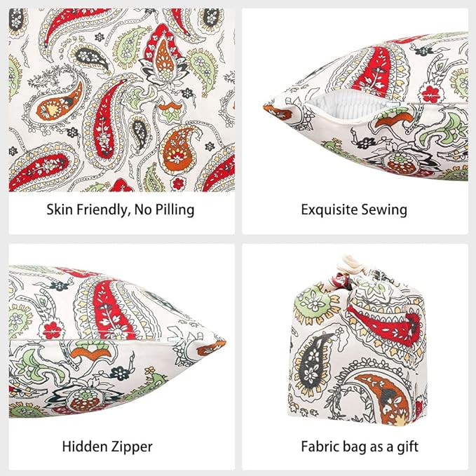 Magpie Fabrics Pack of 2 Outdoor Waterproof Throw Pillow Covers 18 x 18 Inch, Christmas Decorative Cushion Sham Pillowcase Shell for Garden Patio Tent Balcony Couch Sofa(Paisley Red Beige)