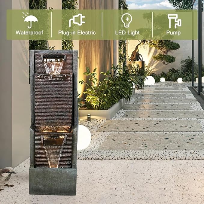 Outdoor Garden Water Fountain with Contemporary Design&LED Light Floor-Standing Water Feature Fountain - Suitable for Deck, Patio, Porch, Yard Decor