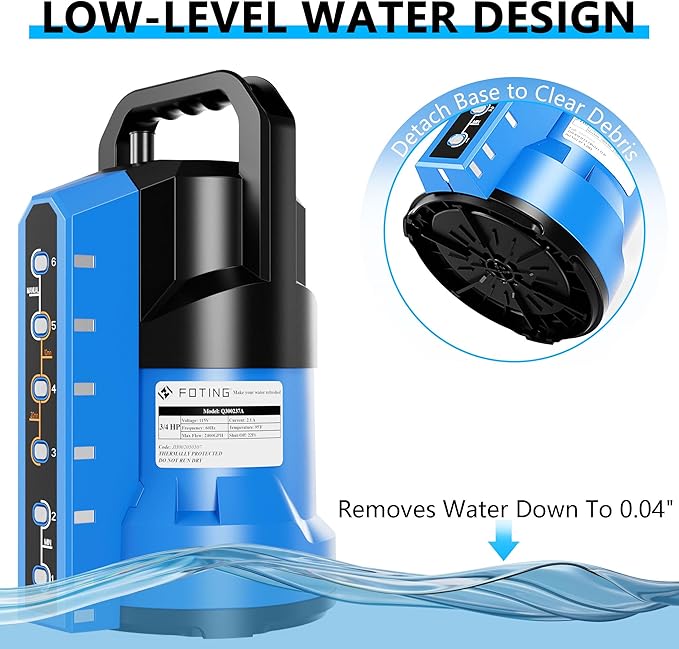 FOTING Sump Pump 3/4HP Automatic Submersible Water Pump 4 Mode, 2400GPH Thermoplastic Electric Portable Transfer Water Pump for Swimming Pool Garden Pond Basement with 16ft Long Power Cord