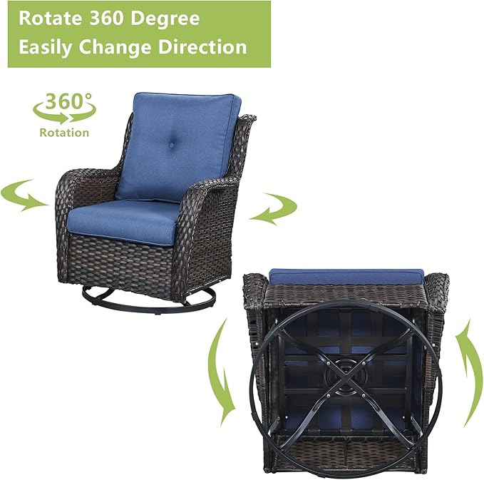 Rilyson 6 Piece Outdoor Patio Furniture Set - Rattan Wicker Patio Conversation Sets with 2 Swivel Rocker Chairs,2 Ottomans,1 Loveseat and 1 Coffee Table for Outside Porch Deck Backyard(Brown/Blue)