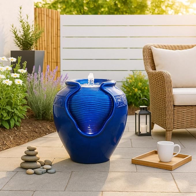 Teamson Home Outdoor Water Fountain, Glazed Pot Ceramic Look with LED Lights & Pump, Royal Blue, 16.93” Patio Garden Water Feature, Cascading Zen Fountain for Backyard, Porch, Deck, Home Decor