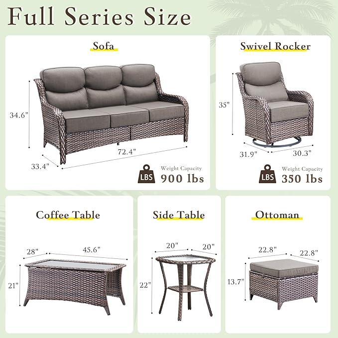 Luxury High Back Outdoor Furniture with 6-inch Extra Thick Cushions, Patio Furniture Set with Swivel Chairs, 10 PCS Wicker Conversation Set for Yard, Deck, Poolside, Brown/Grey