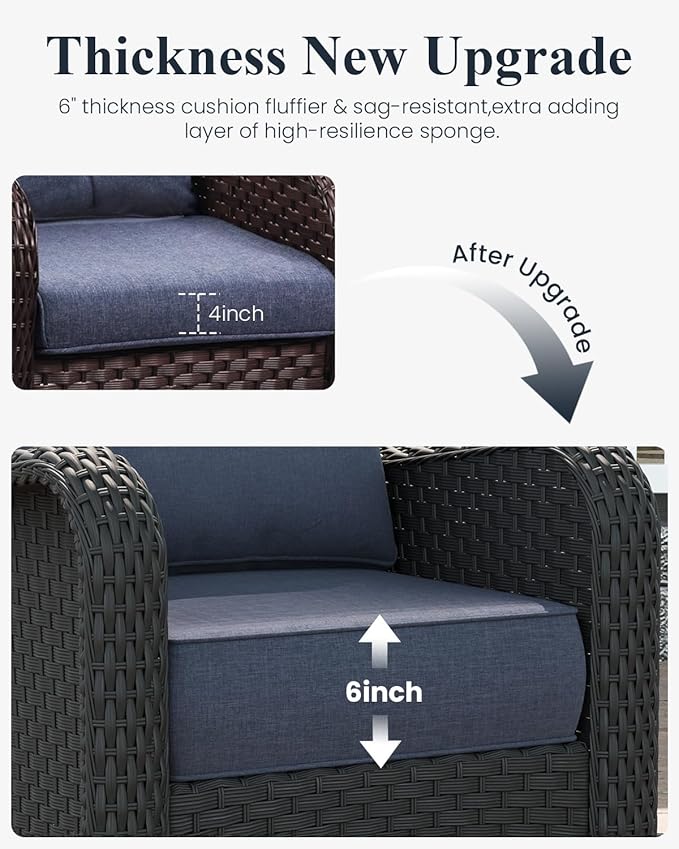 LayinSun 6 Piece Wicker Outdoor Furniture Set with 6-inch Comfy Cushions, High Back Patio Furniture Set with Swivel Rocking Chairs and Side Table