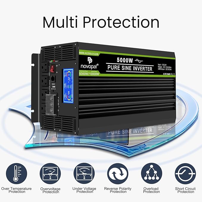 NOVOPAL 5000 Watt Pure Sine Wave Power Inverter DC 24V to AC 110V 120V Rv Inverters with 1 USB Port-16 feet Remote Control, LCD Display for Truck, Hurricane, Home