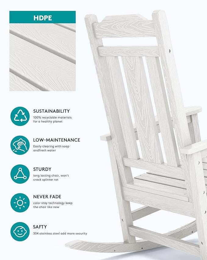SERWALL Oversized Rocking Chair Set of 2 Outdoor, HDPE Outdoor Rocking Chair Set of 2, White