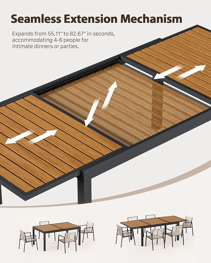 ZANDOR Expandable Outdoor Dining Set for 4-6-8,Patio Table and Chairs Set with Wood Top for Garden,Backyard,Porch,55"-82.7" Extendable Aluminum Outdoor Table Set with 6 Chairs,Grey