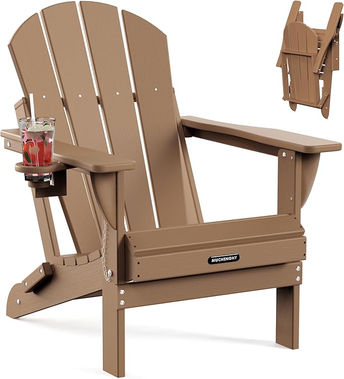 MUCHENGHY Folding Adirondack Chairs, Patio Chairs, Lawn Chairs, Outdoor Chair, Adirondack Chair Plastic, Fire Pit Chairs, Weather Resistant with Cup Holder for Deck, Backyard, Garden(Teak)