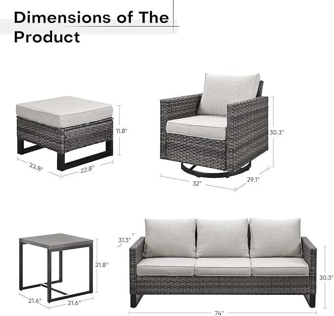 Wicker Patio Furniture Set, 6 PCS Outdoor Patio Furniture Set with Swivel Chairs, Includes 2 Swivel Patio Chairs, 1 Outdoor Couch, 1Side Table and 2 Ottoman, Grey/Beige