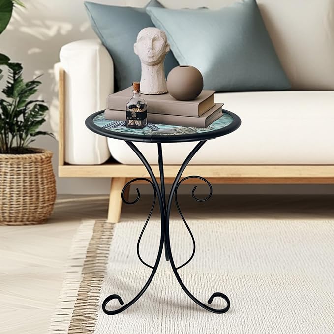 HONGLAND Outdoor Side Table, Small Outdoor Table, 12" Round Patio Side Table End Table, Glass Plant Stand, Small Bistro Coffee Table for Garden Patio Porch Living Room (Pelican)