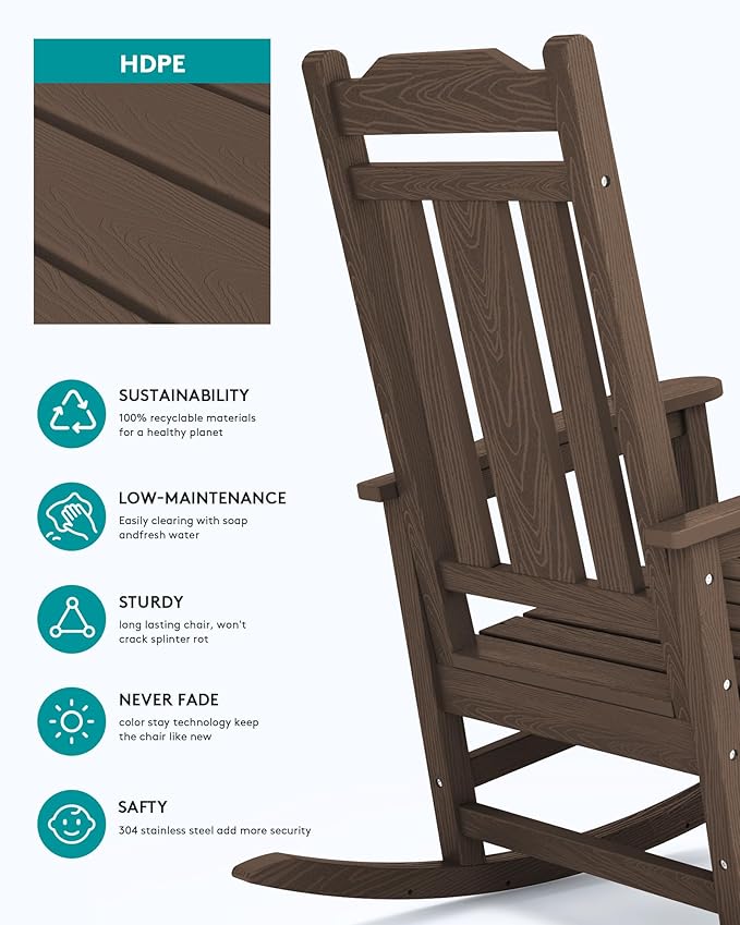 SERWALL Outdoor Rocking Chair Set of 8, Patio Rocking Chairs Set, HDPE Rocking Chair Outdoor for Adults, Heavy Duty Front Porch Rocker, Coffee
