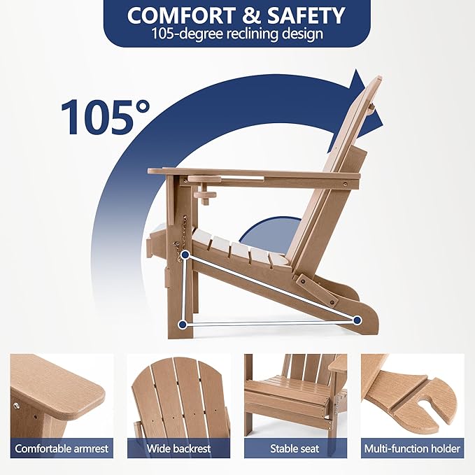 Folding Adirondack Chair, HDPE Outdoor Texture Lawn Chair with Reclining Back, Cup and Phone Holder - Comfortable Firepit Chair Weather Resistant for Patio or Backyard (Brown, Set of 1)