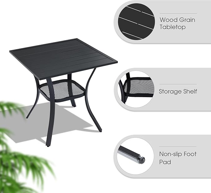 VICLLAX 3 Pieces Outdoor Dining Set, Patio Furniture Set of 2 Patio Swivel Dining Chairs and Small Dining Table with Storage Shelf, Dark Charcoal Chairs & Black Tabletop