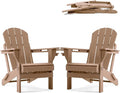 Folding Adirondack Chair, HDPE Outdoor Texture Lawn Chair with Reclining Back, Cup and Phone Holder - Comfortable Firepit Chair Weather Resistant for Patio or Backyard (Brown, Set of 2)
