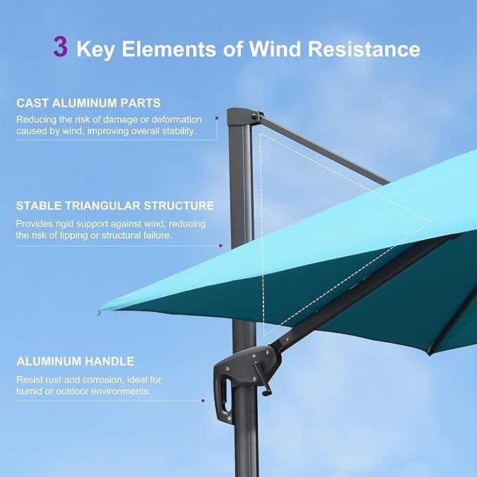 PURPLE LEAF 10FT Cantilever Outdoor Umbrellas Large Patio Umbrella Hanging Double Top Square Offset Umbrella with 360°Rotation Tilting Umbrella Outdoor Patio, Turquoise Blue