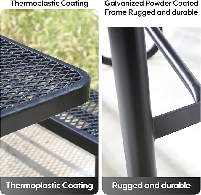 6FT Outdoor Picnic Tables,Heavy-Duty Metal Rectangular Picnic Table,Expanded Metal Commercial-Grade Table with 2 Benches & Umbrella Hole,Waterproof Coating Beach Table for Patio,Garden, Backyard