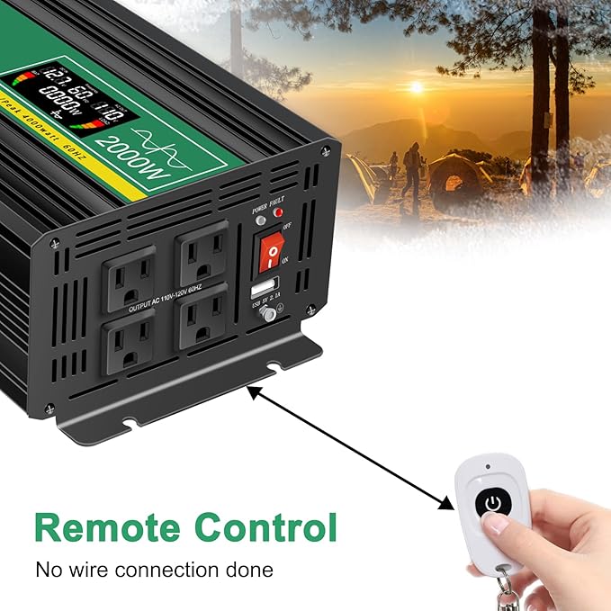 JIGUUN Power Inverter 2000 Watt, DC 12V to AC 120V Pure Sine Wave Inverter with LCD Display, 4 AC Outlets&USB Output, Power Converter with Remote Control for RV Emergency Camping. (PRO2000W-12)