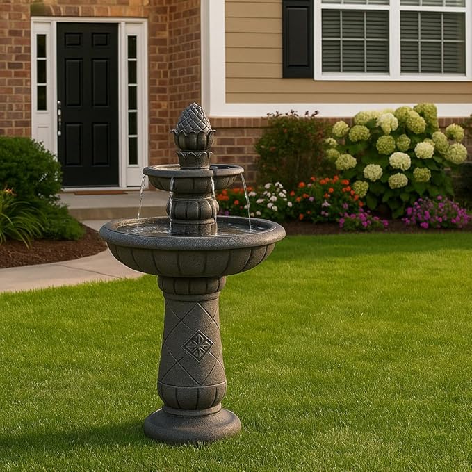 Teamson Home 39" Outdoor Water Fountain, 2 Tier Pineapple Pedestal Waterfall Fountain with Pump, Garden Patio Yard Décor, Durable Polyresin, Weatherproof, Iron Gray