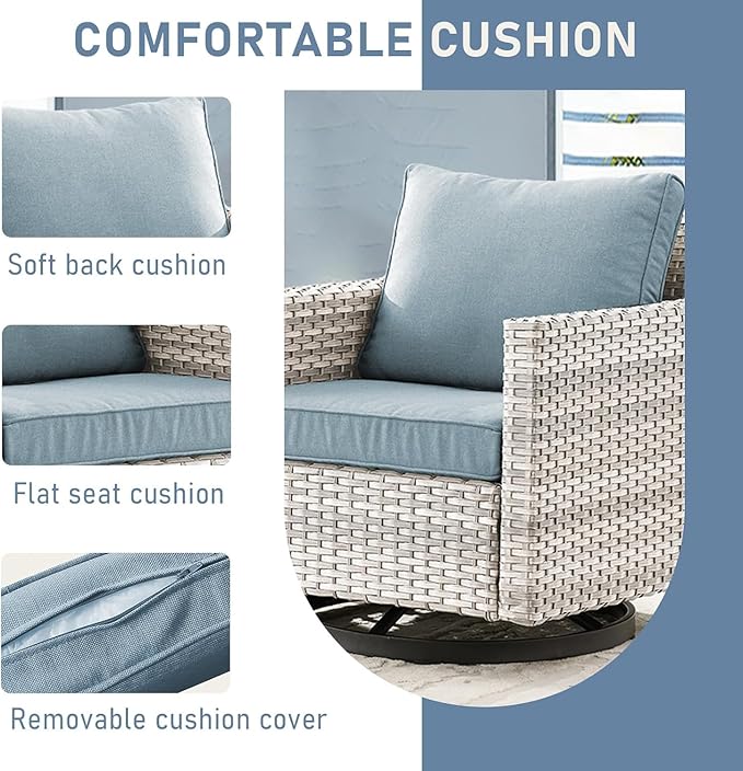Outdoor Swivel Chairs Set of 4: Wicker Swivel Rocker Patio Chairs Set of 4, Swivel Rocker Outdoor Chair, Wicker Patio Furniture Sets, LightGrey/LightBlue