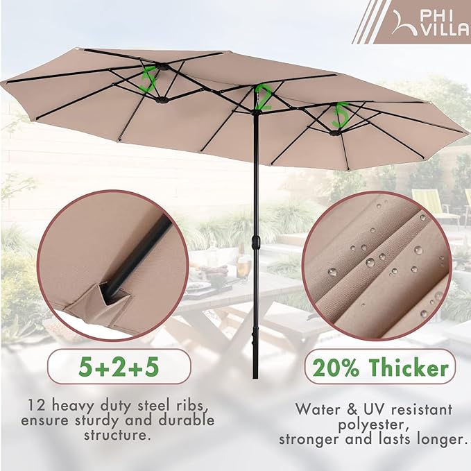 PHI VILLA 7 Piece Patio Dining Set with Umbrella, 60” Rectangular Metal Dining Table & 6 Cushioned Rattan Wicker Chairs & 13ft Large Beige Umbrella for Outdoor, Deck, Yard, Porch